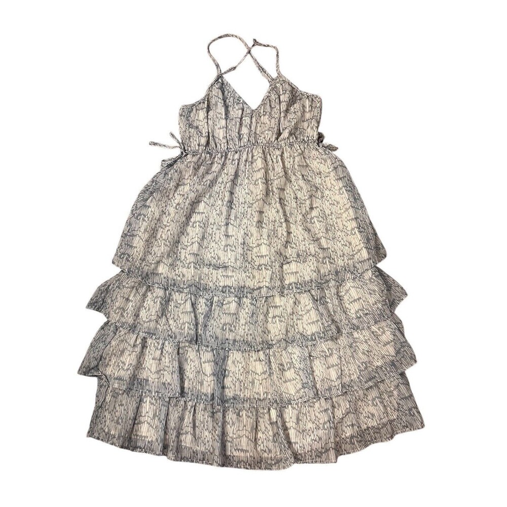 STORIA White & Gray Tiered Midi Dress Women’s Sz Med Clinched Waist Thin Straps￼